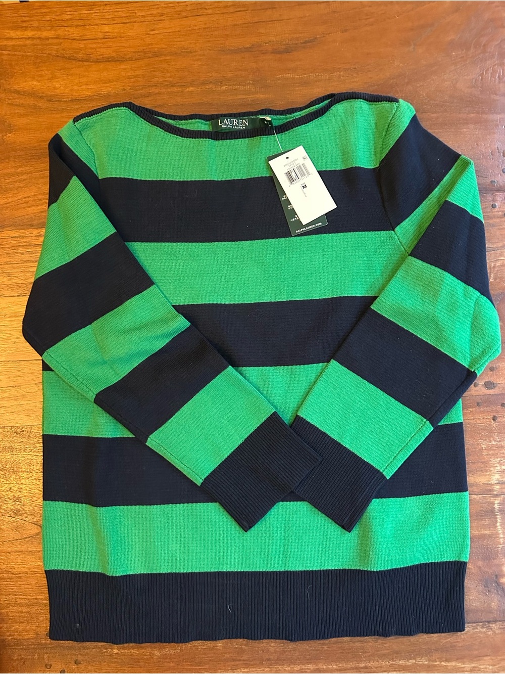 NWT Ralph Lauren Green and Navy Striped Boatneck Sweater Size Medium